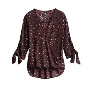 BEACON, Allan Surplice Tie Sleeve High
Low Blouse, Burgandy Animal Print, MED